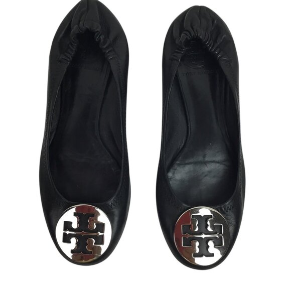 Tory Burch Black Leather Minnie Travel Ballet Flats W/ Silver Logo Womens 7 - Picture 1 of 11